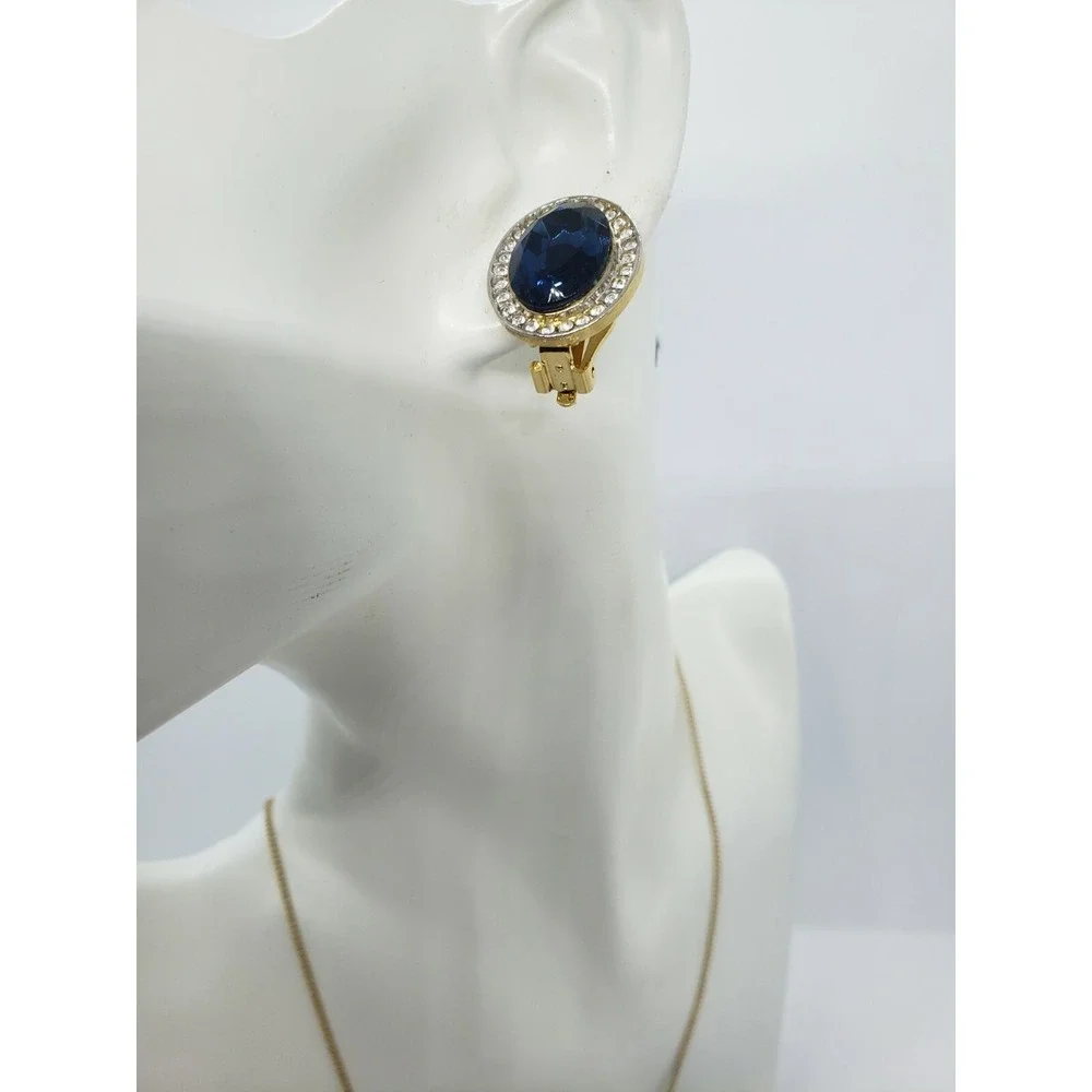 Gold Tone Oval‎ Rhinestones Blue Cut Glass Stone Clip On Fashion Earrings